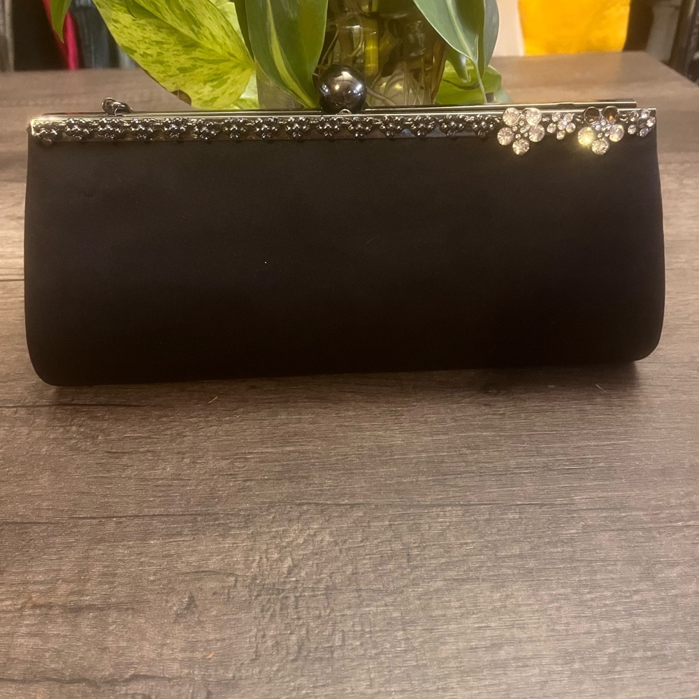 Black Satin Evening Clutch with Crystal-Embellished Frame